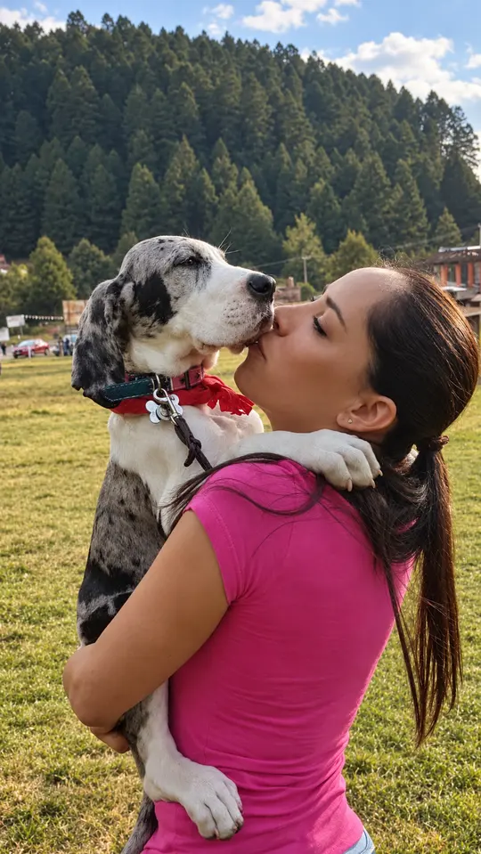 Una mujer abraza a su gran danés al aire libre.